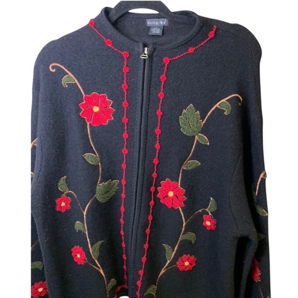 Tally-Ho Womens Black 100% Wool Floral Embroidered Full Zip Cardigan Sweater L